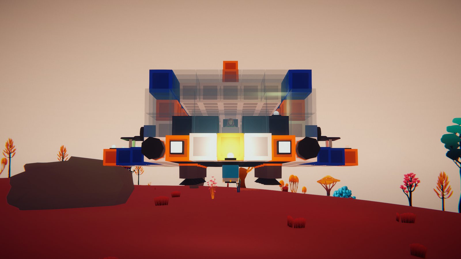 A blocky shuttle with orange and blue panels hovering over the red plains of Terra
