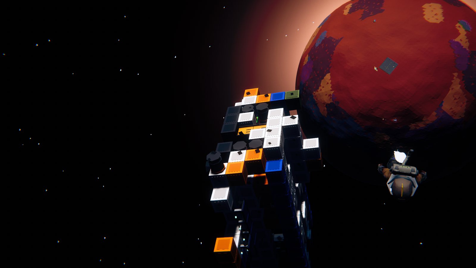 A ship drifting in space in front of the red planet