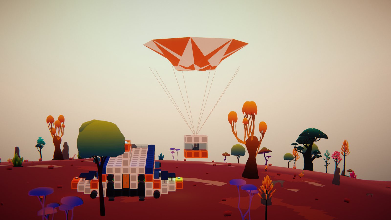 A capsule landing under an orange parachute next to a rover